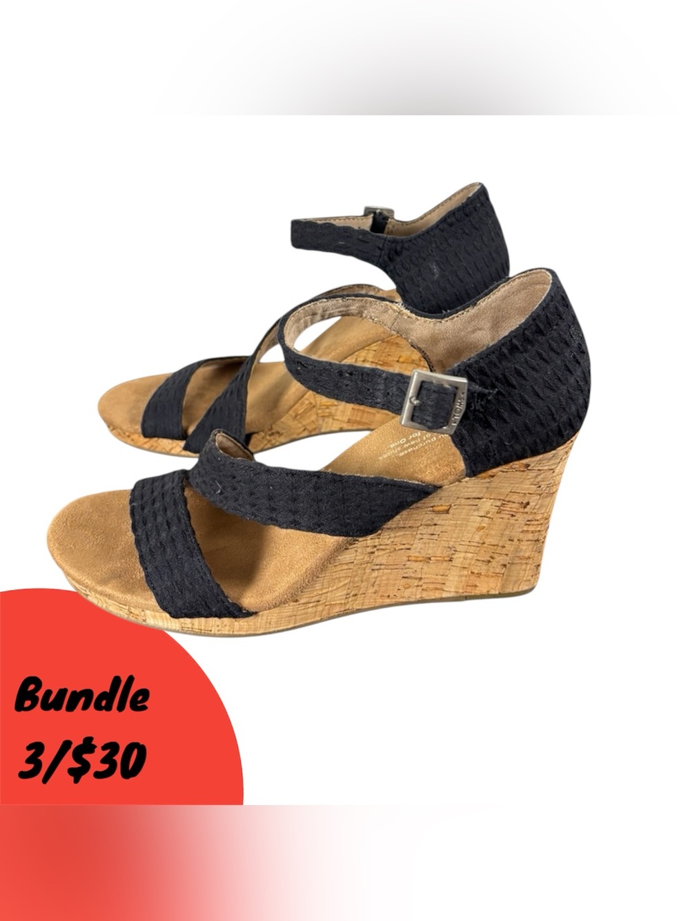 Tomsw Black Woven Canvas Cork Wedge Summer Spring Classy Sandals  Ankle Strap